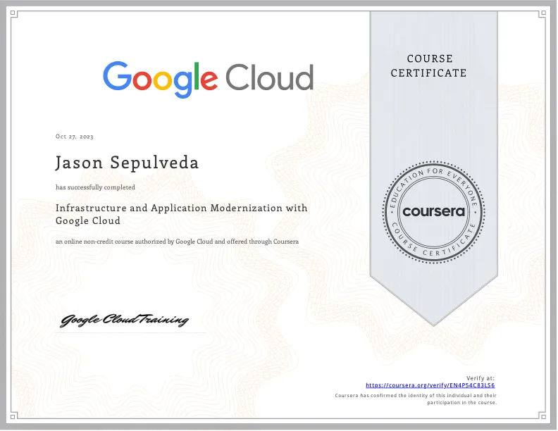 Infrastructure and Application Modernization with Google Cloud certificate — Google
