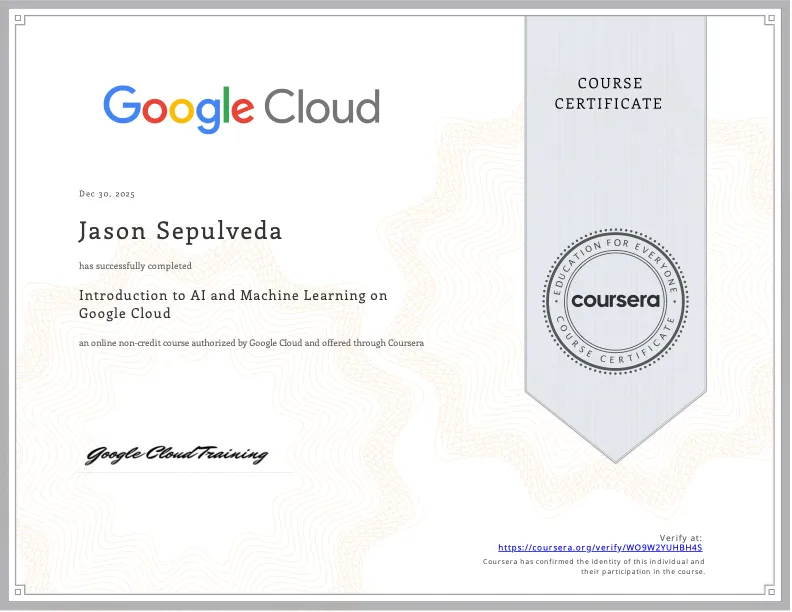 Introduction to Machine Learning on Google Cloud certificate — Google