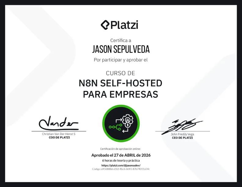 n8n (Self-Hosted) certificate — Platzi