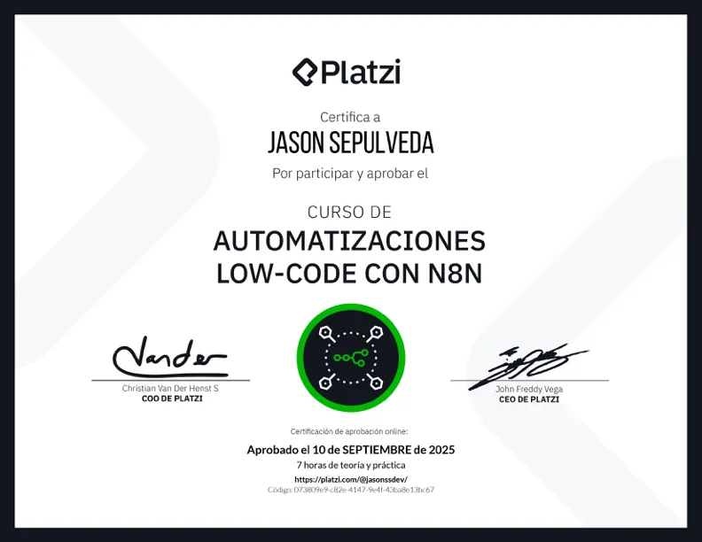 n8n Low-Code Automation certificate — Platzi