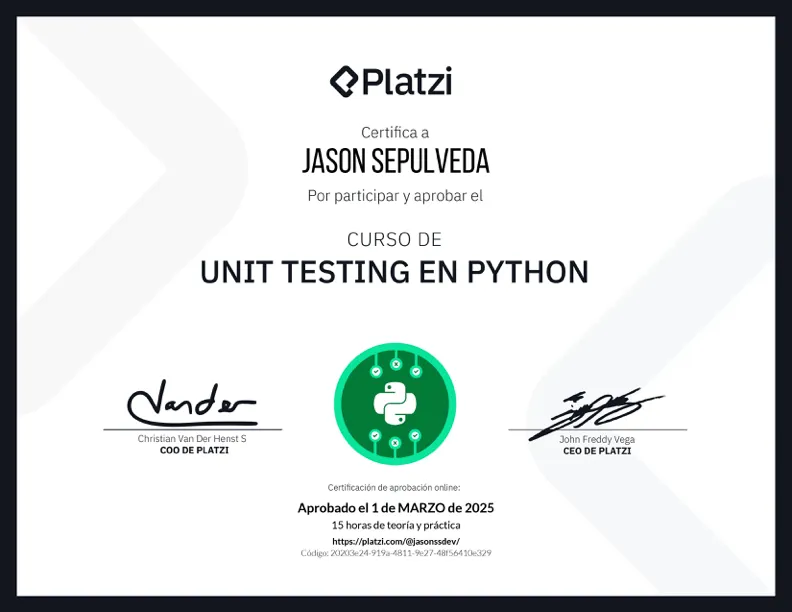 Unit Testing with Python certificate — Platzi