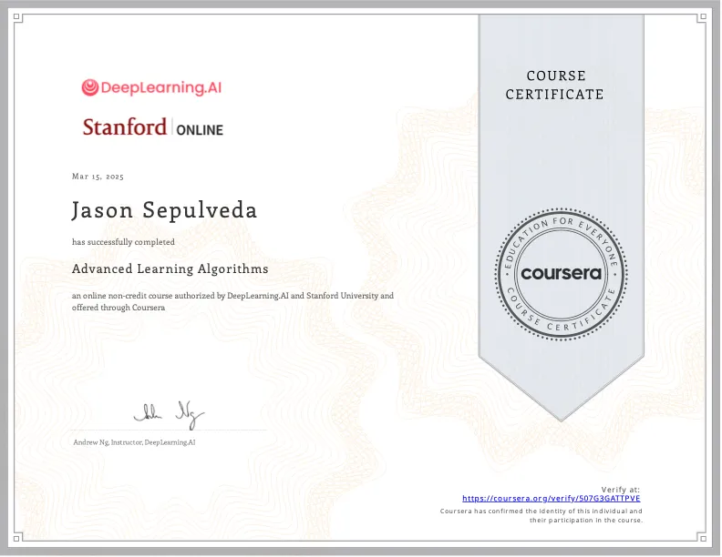 Advanced Learning Algorithms certificate — DeepLearning.AI